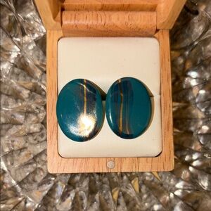 Teal and Gold Oval Earrings